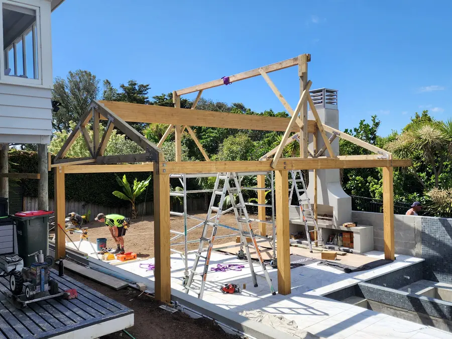 The pergola as a bare timber frame during the build