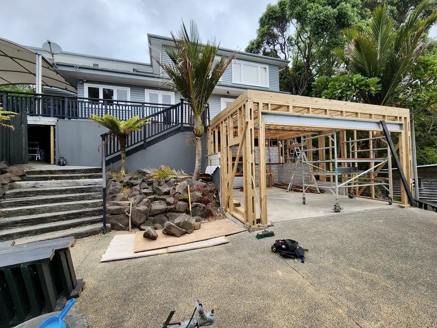 Before: the new garage as a bare timber frame